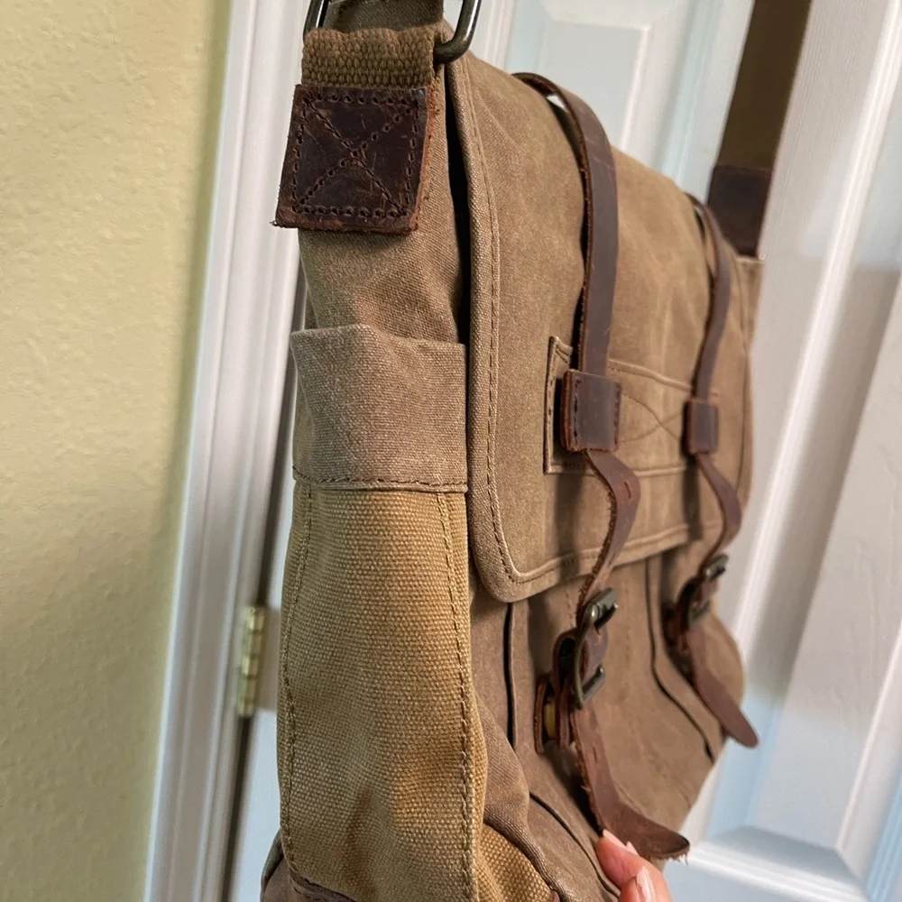 Brown Leather/Canvas Laptop Computer Bag Briefcase Messenger